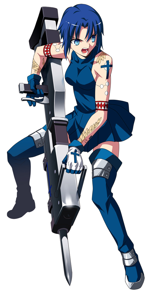 black_key, black_keys, blue_eyes, blue_hair, bodypaint, boots, ciel, gloves, huge_weapon, melty_blood, official_art, open_mouth, seventh_holy_scripture, short_hair, skirt, takeuchi_takashi, tattoo, thigh-highs, thigh_boots, thighhighs, throwing_knife, tsukihime, type-moon, weapon, zettai_ryouiki