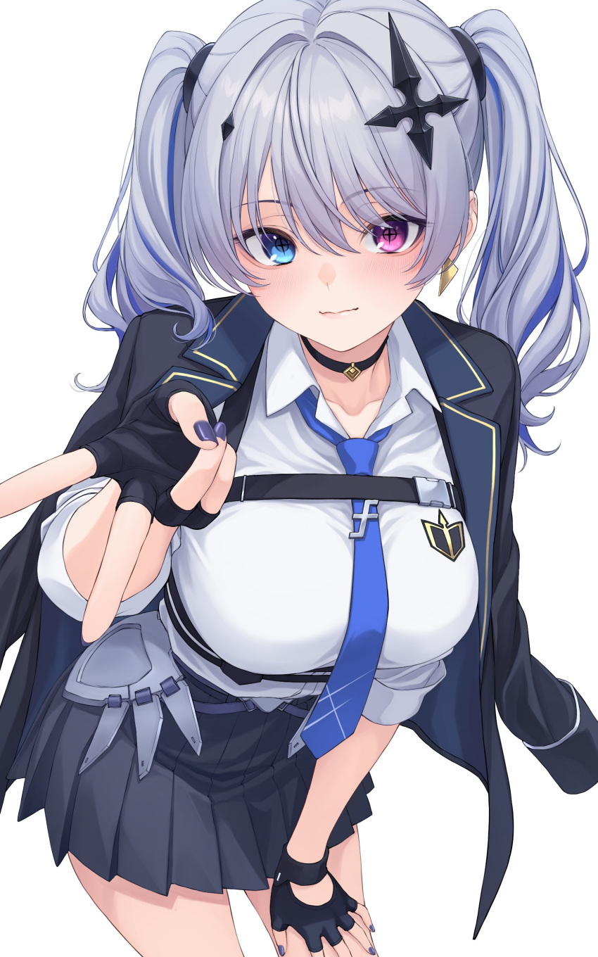 1girl, absurdres, black_choker, black_gloves, black_jacket, black_skirt, blue_eyes, blue_hair