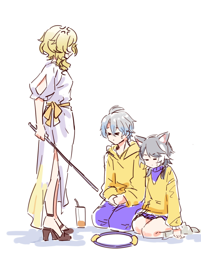 >_<, 1boy, 2girls, =_=, aglaea_(hello_world!)_(honkai:_star_rail), aglaea_(honkai:_star_rail), anger_vein, cipher_(hello_world!)_(honkai:_star_rail), cipher_(honkai:_star_rail), commentary, controller, dress, game_controller, high_heels, highres, holding, holding_weapon, honkai:_star_rail, honkai_(series), hood, hoodie, juice, multiple_girls, mzxiaxi, official_alternate_costume, phainon_(hello_world!)_(honkai:_star_rail), phainon_(honkai:_star_rail), seiza, sitting, symbol-only_commentary, weapon, white_dress