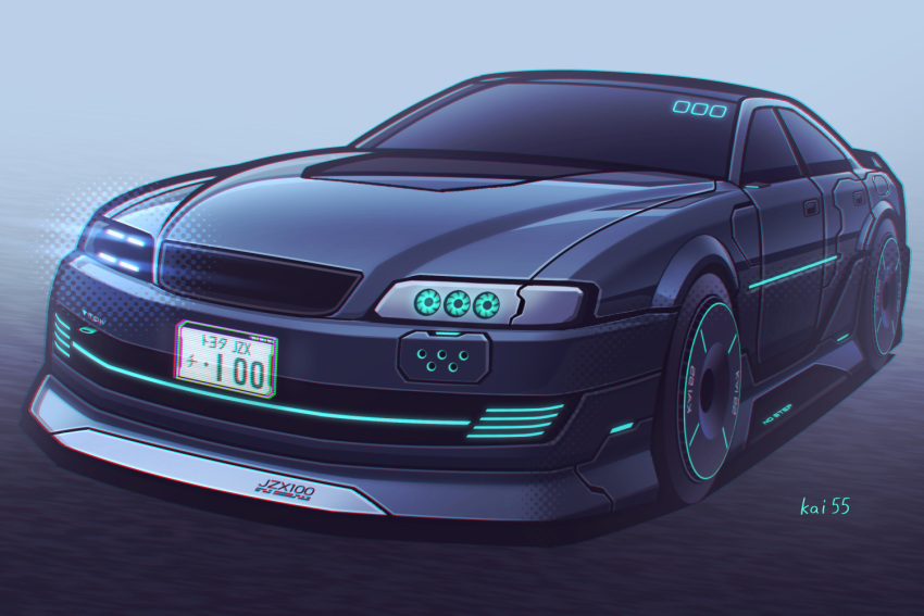 artist_name, black_car, car, cyberpunk, glowing, grey_background, kai55, license_plate