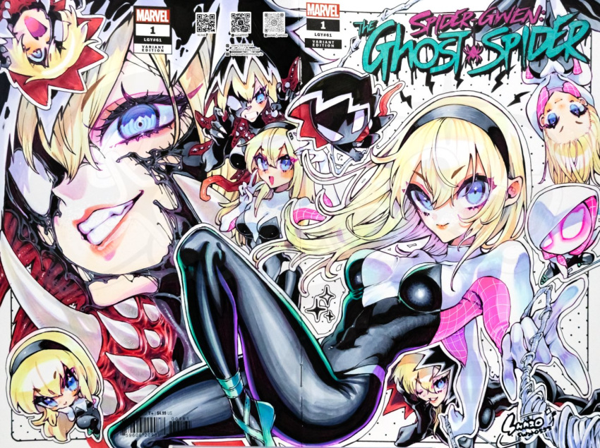 1girl, ballet_slippers, barcode, black_bodysuit, black_hairband, blonde_hair, blue_eyes, bodysuit, breasts, cellphone, character_name, commentary, copyright_logo, cover_sketch, grin, gwen_stacy, hairband, hashtag-only_commentary, holding, holding_phone, hood, hooded_bodysuit, logo, long_hair, marvel, medium_breasts, multicolored_bodysuit, multiple_views, phone, qr_code, smile, spider-gwen, spider-man_(series), spider-verse, spider_web_print, sunao_saito, superhero_costume, symbiote, symbol-only_commentary, teeth, two-tone_bodysuit, v, white_bodysuit
