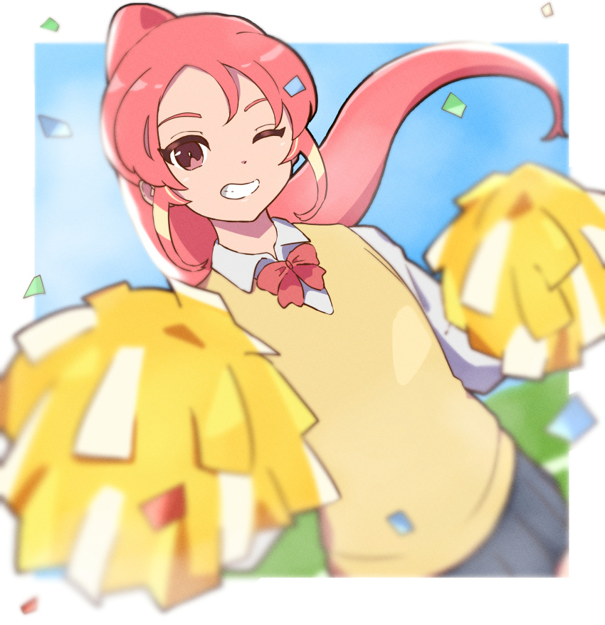 1girl, black_skirt, confetti, dutch_angle, half-closed_eye, highres, inadori, inazuma_eleven_(series)