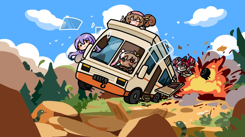 airani_iofifteen, animal_ears, ayunda_risu, blush_stickers, chibi, chibi_only, closed_eyes, commentary, driving, explosion, explosion_background, gradient_hair, hair_ornament, highres, hololive, hololive_indonesia, kureiji_ollie, long_hair, moona_hoshinova, multicolored_hair, multiple_girls, pink_hair, purple_hair, recreational_vehicle, red_hair, renveriouz, side_ponytail, sidelocks, squirrel_ears, squirrel_girl, squirrel_tail, symbol-only_commentary, tail, violet_eyes, virtual_youtuber