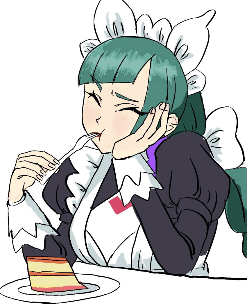 1girl, apron, blunt_bangs, bow, bowtie, braid, braided_ponytail, breasts