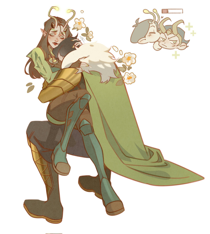 1boy, 1girl, alien, antennae, black_hair, boots, cape, closed_eyes, couple, evil_cactus, eyeshadow, fake_horns, fingerless_gloves, flower, fur_trim, gloves, green_boots, green_cape, green_eyeshadow, green_nails, guardians_of_the_galaxy, hashtag-only_commentary, head_on_chest, health_bar, heart, hetero, highres, horned_headwear, horns, invisible_chair, kiss, kissing_cheek, loki_(marvel), long_hair, makeup, mantis_(marvel), marvel, marvel_rivals, pointy_ears, red_lips, short_hair, sitting, sitting_on_lap, sitting_on_person, thor_(marvel)_(series), white_flower
