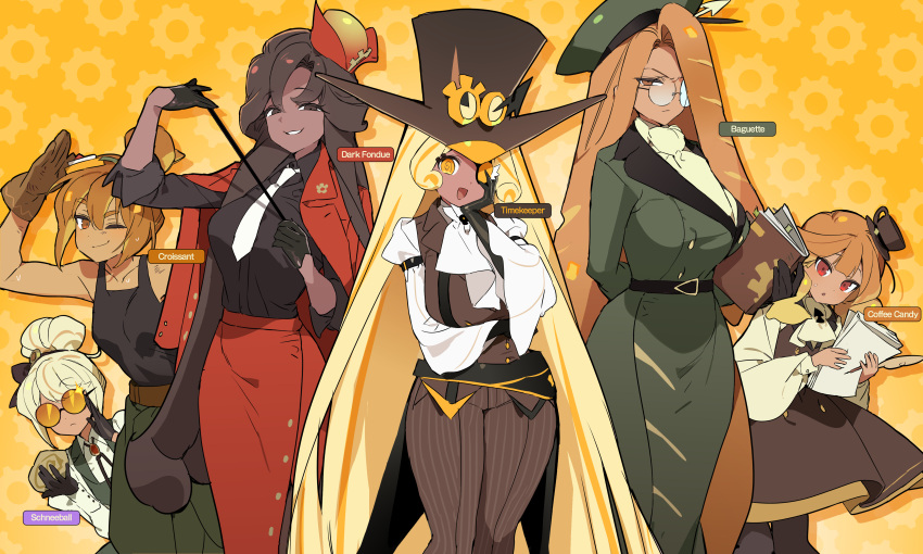 6+girls, @_@, absurdres, arm_behind_back, ascot, baguette_cookie, belt, belt_buckle