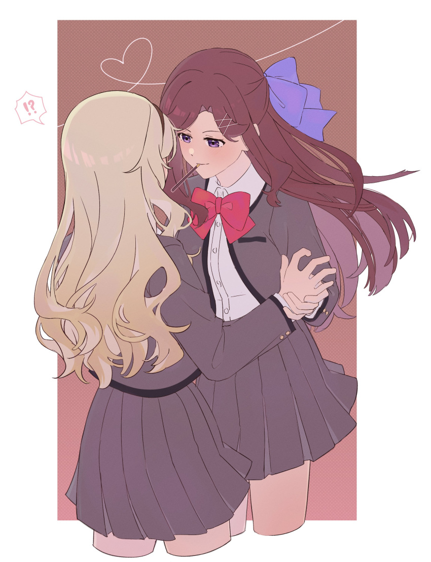 2girls, absurdres, black_hairband, blazer, blonde_hair, bow, bowtie, brown_hair, collared_shirt, commentary, food, food_in_mouth, grey_jacket, grey_skirt, hair_ribbon, hairband, hashtag-only_commentary, heart, heart_of_string, highres, holding_another's_wrist, jacket, long_hair, multiple_girls, pleated_skirt, pocky, pocky_day, pocky_in_mouth, pocky_kiss, purple_ribbon, raven_(rnzraven), red_bow, red_bowtie, ribbon, saijou_claudine, shirt, shoujo_kageki_revue_starlight, skirt, tendou_maya, violet_eyes, white_shirt, yuri
