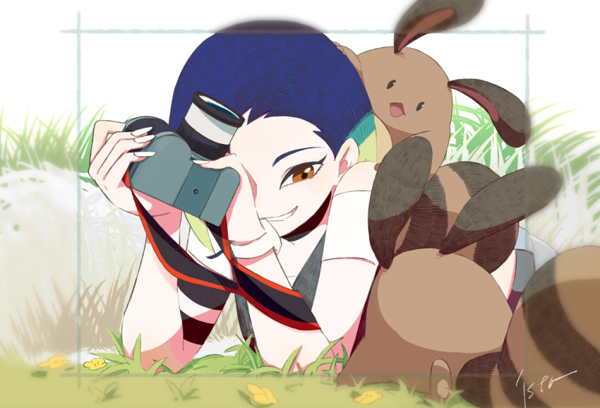 1girl, bare_shoulders, black_choker, blue_hair, bob_cut, brown_eyes, brown_fur, camera, choker, flower, gradient_hair, green_hair, grey_shirt, grey_sports_bra, grin, holding, holding_camera, isutai, looking_at_another, multicolored_hair, on_grass, outdoors, perrin_(pokemon), photographer, pokemon, pokemon_(creature), pokemon_sv, sentret, shirt, short_hair, simple_background, sleeveless, smile, sports_bra, upper_body, watch, watch, white_nails, yellow_flower