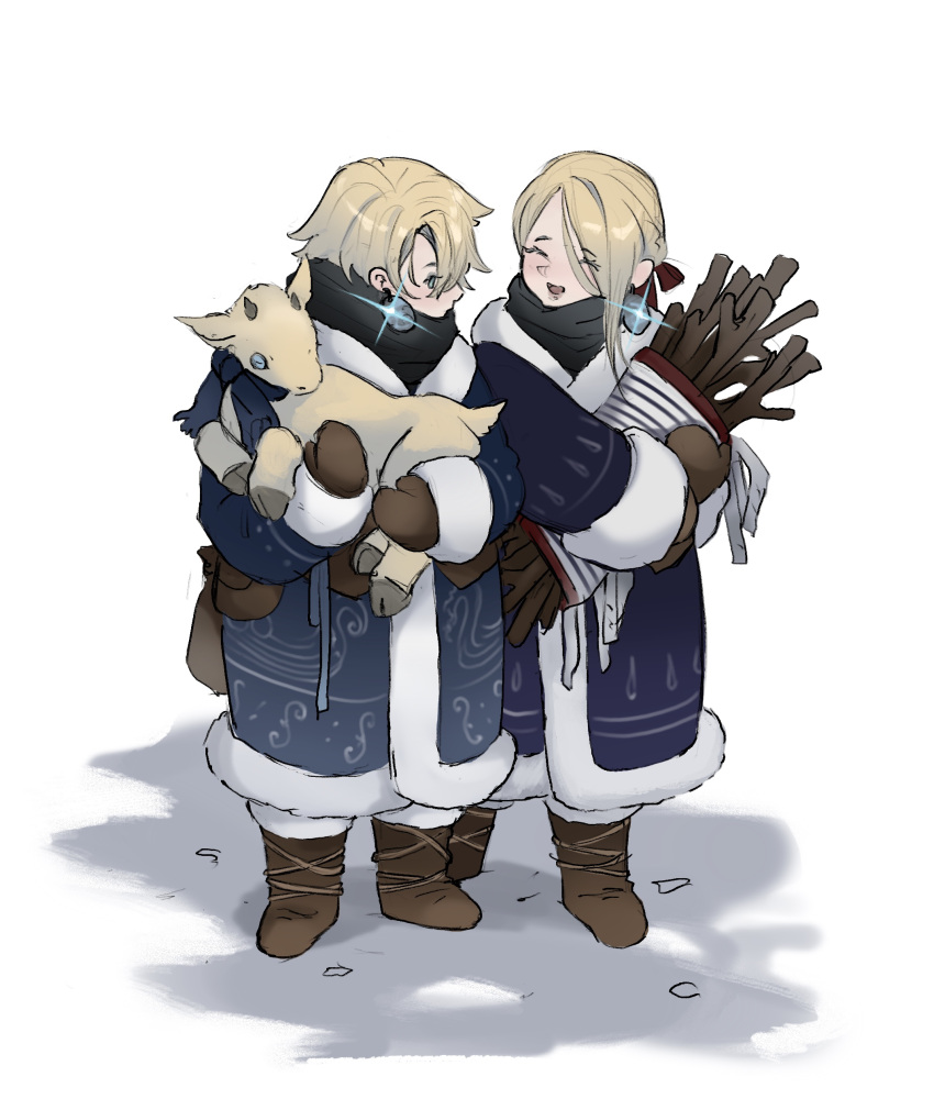 1boy, 1girl, ^_^, absurdres, aged_down, animal, black_scarf, blonde_hair, blue_coat, blue_eyes, boots, brother_and_sister, brown_boots, brown_gloves, child, closed_eyes, coat, commentary, constance_(angeliccarousel), duchess_(elden_ring), earrings, elden_ring, elden_ring_nightreign, full_body, fur_coat, gloves, goat, hand_up, highres, holding, holding_animal, jewelry, mittens, open_mouth, profile, scarf, short_hair, short_hair_with_long_locks, siblings, single_earring, smile, standing, stick, symbol-only_commentary, white_background, wylder_(elden_ring)