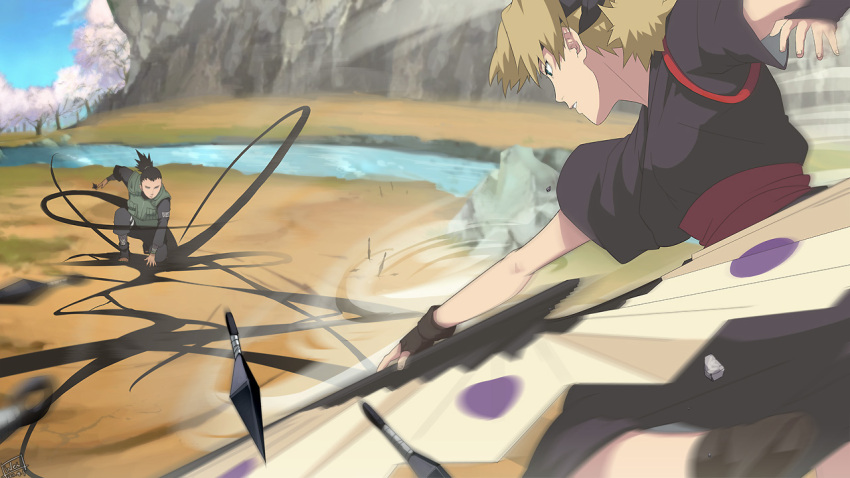 blonde_hair, blue_eyes, fan, headband, kunai, nara_shikamaru, naruto, quad_tails