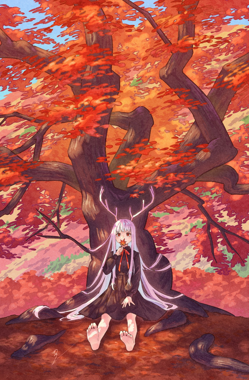 1girl, against_tree, antlers, autumn, autumn_leaves, barefoot, black_serafuku, black_shirt