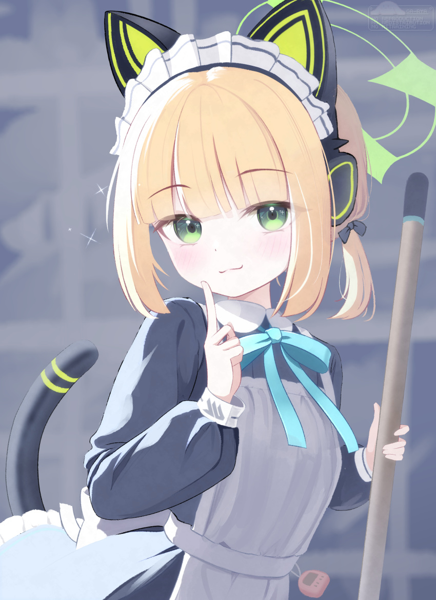 1girl, :3, animal_ear_headphones, animal_ears, apron, aqua_bow, aqua_bowtie, black_bow