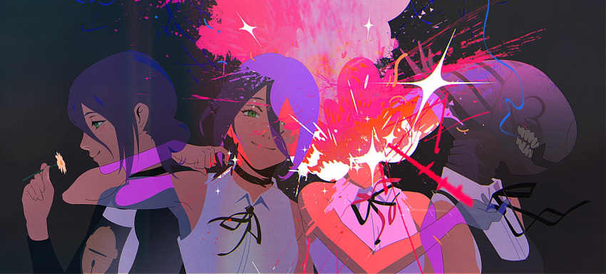 1girl, alternate_form, apron, aruksyu, black_apron, black_choker, black_ribbon, bomb, bomb_devil_(chainsaw_man), chainsaw_man, choker, explosion, explosion_background, explosive, grenade_pin, hair_bun, highres, imminent_explosion, nuclear_weapon, object_head, pull_cord, reze_(chainsaw_man), ribbon, shirt, single_hair_bun, sleeveless, sleeveless_shirt, solo, transformation