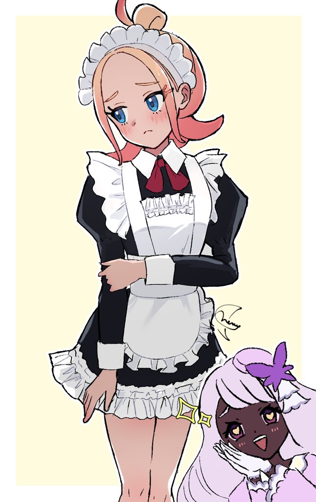 2girls, :d, alternate_costume, apron, black_dress, blonde_hair, blue_eyes, blush