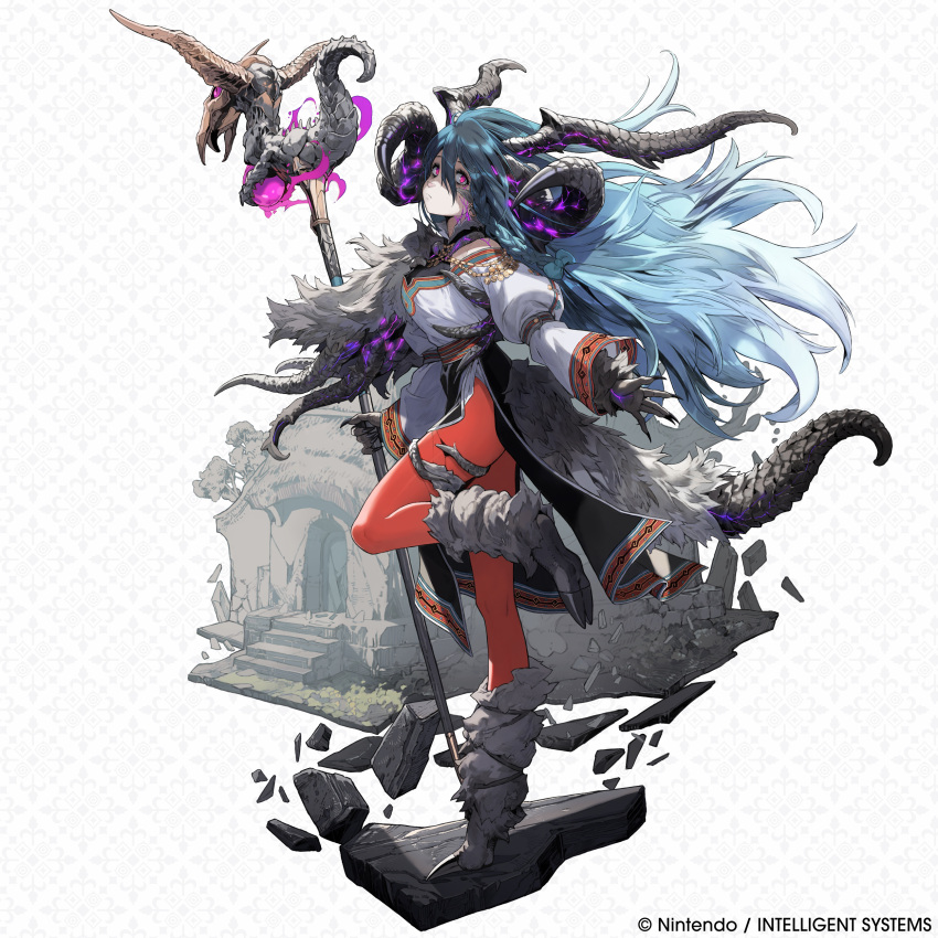 1girl, absurdres, artist_request, blue_hair, claws, closed_mouth, commentary, company_name
