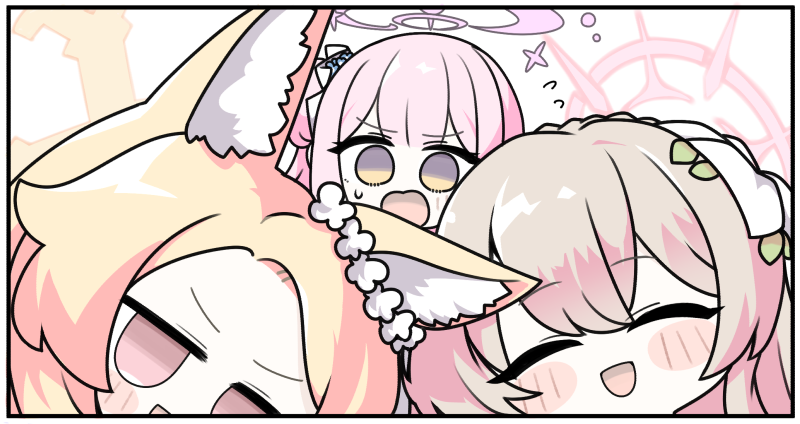 3girls, :d, ^_^, animal_ear_fluff, animal_ears, blonde_hair, blue_archive, blue_flower