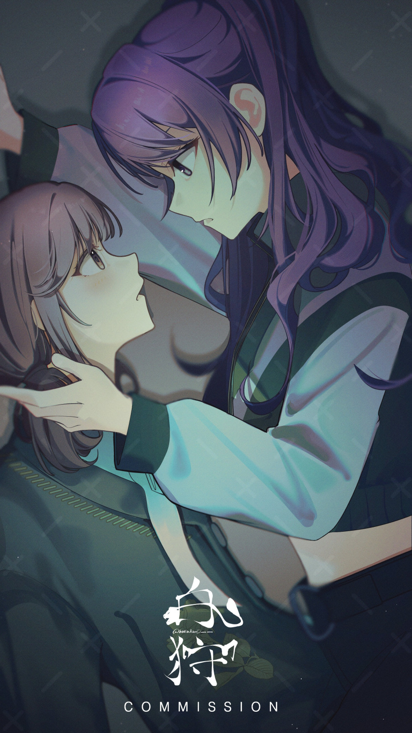 2girls, absurdres, asahina_mafuyu, black_jacket, blush, brown_eyes, brown_hair, eye_contact