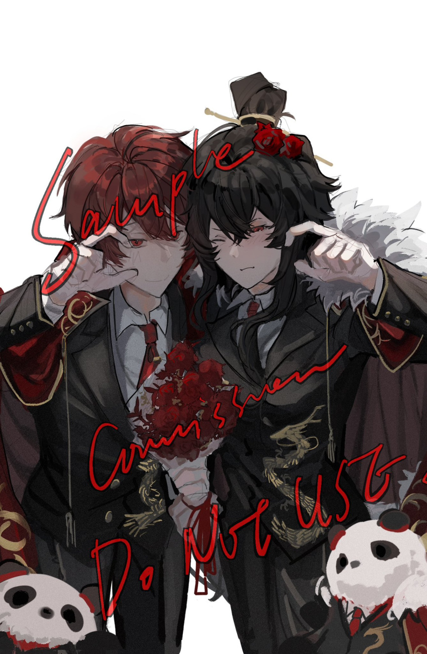 1boy, 1girl, black_pants, black_suit, bouquet, coat, coat_on_shoulders, collared_shirt