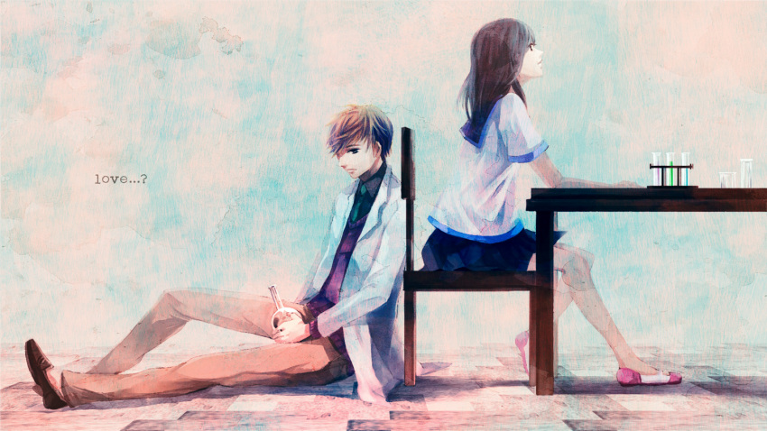 artist_request, beaker, blonde_hair, brown_hair, chair, character_request, hoshino, sad