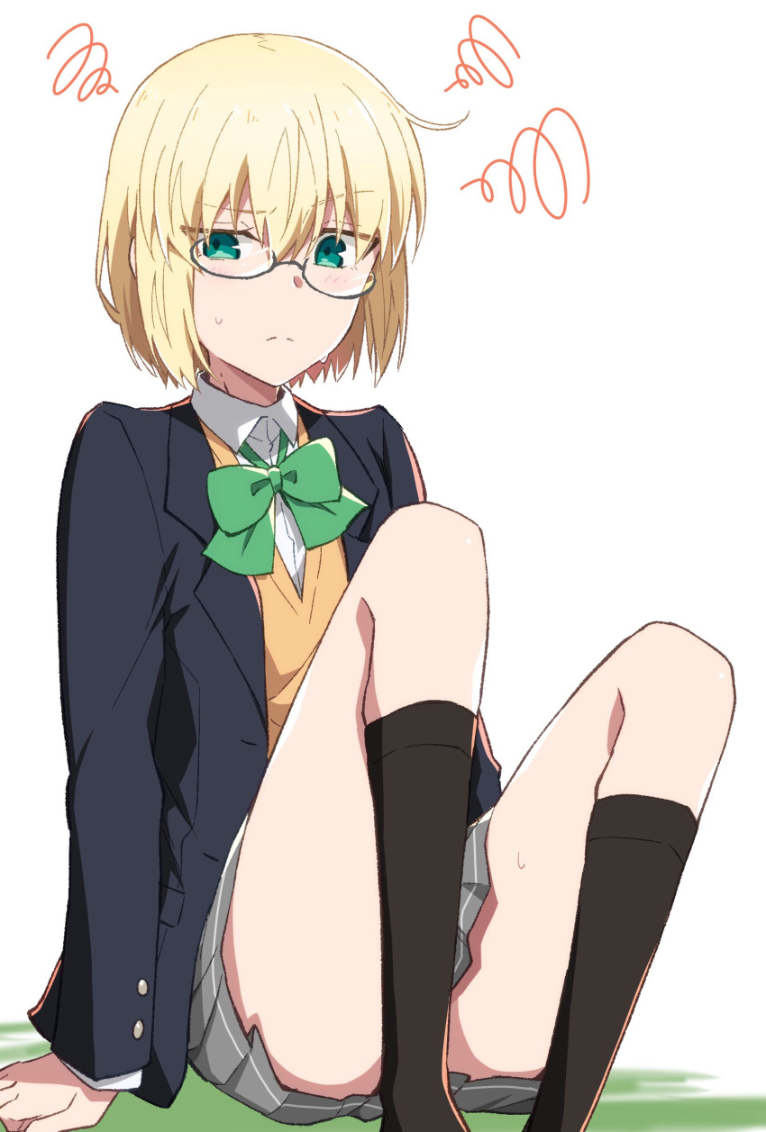 1boy, absurdres, ass, azami_masurao, blonde_hair, blush, bow, brown_socks, ciel_(tsukihime), ciel_(tsukihime)_(cosplay), cosplay, crossdressing, crossdressing_(mtf), embarrassed, glasses, green_bow, grey_skirt, hair_between_eyes, highres, jacket, male_focus, mario_gallo_bestino, purple_shirt, school_uniform, shirt, short_hair, skirt, socks, souya_high_school_uniform, sweat, thighs, vest, yellow_vest