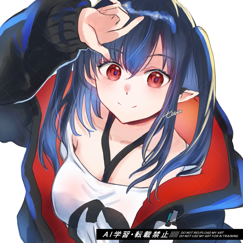 1girl, arknights, arm_up, artist_name, black_hair, black_jacket, blush, breasts, closed_mouth, closure_(arknights), collarbone, commentary, hair_between_eyes, highres, id_card, jacket, lanyard, long_hair, long_sleeves, looking_at_viewer, open_clothes, open_jacket, pointy_ears, red_eyes, shirt, sidelocks, smile, solo, touno_(akarino), two-sided_fabric, two-sided_jacket, watermark, watermark_grid, white_shirt