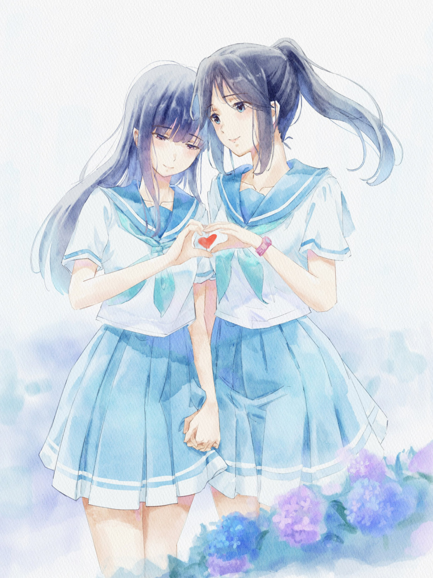 2girls, absurdres, aqua_neckerchief, black_hair, blue_hair, blue_serafuku, blue_skirt, collarbone