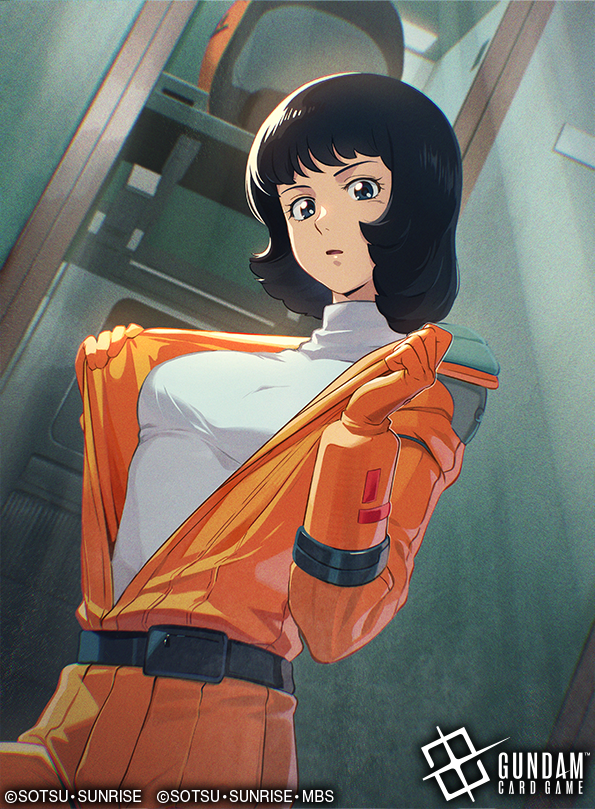 1girl, aeug, argama, belt, black_hair, commentary_request, company_name, copyright_name