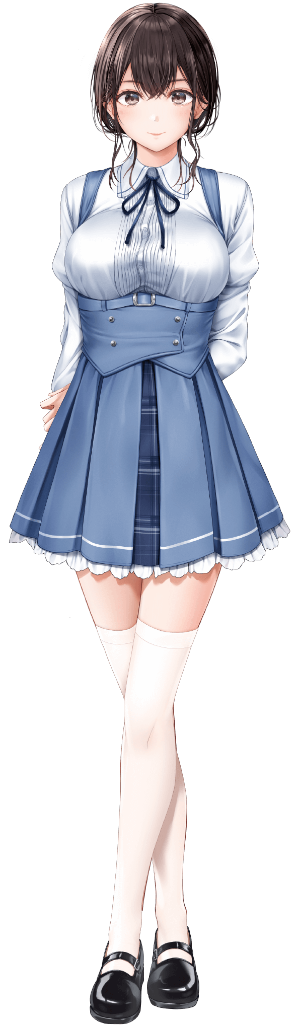 1girl, arm_behind_back, artist_request, black_ribbon, black_shoes, blue_skirt, breasts, brown_eyes