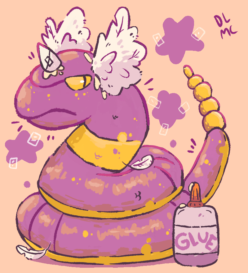 animal_focus, bottle, closed_mouth, commentary, cosplay, darkylights, dragonair, dragonair_(cosplay), ekans, english_commentary, english_text, fake_head_wings, fake_horns, fake_wings, feathers, full_body, glue, horns, no_humans, pink_background, pokemon, pokemon_(creature), pokemon_focus, simple_background, single_horn, slit_pupils, snake, solo, star_(symbol), tape, unamused, wings