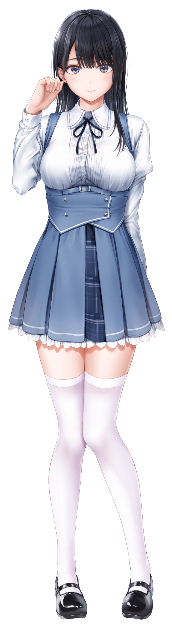 1girl, artist_request, black_hair, black_ribbon, black_shoes, blue_skirt, breasts, closed_mouth