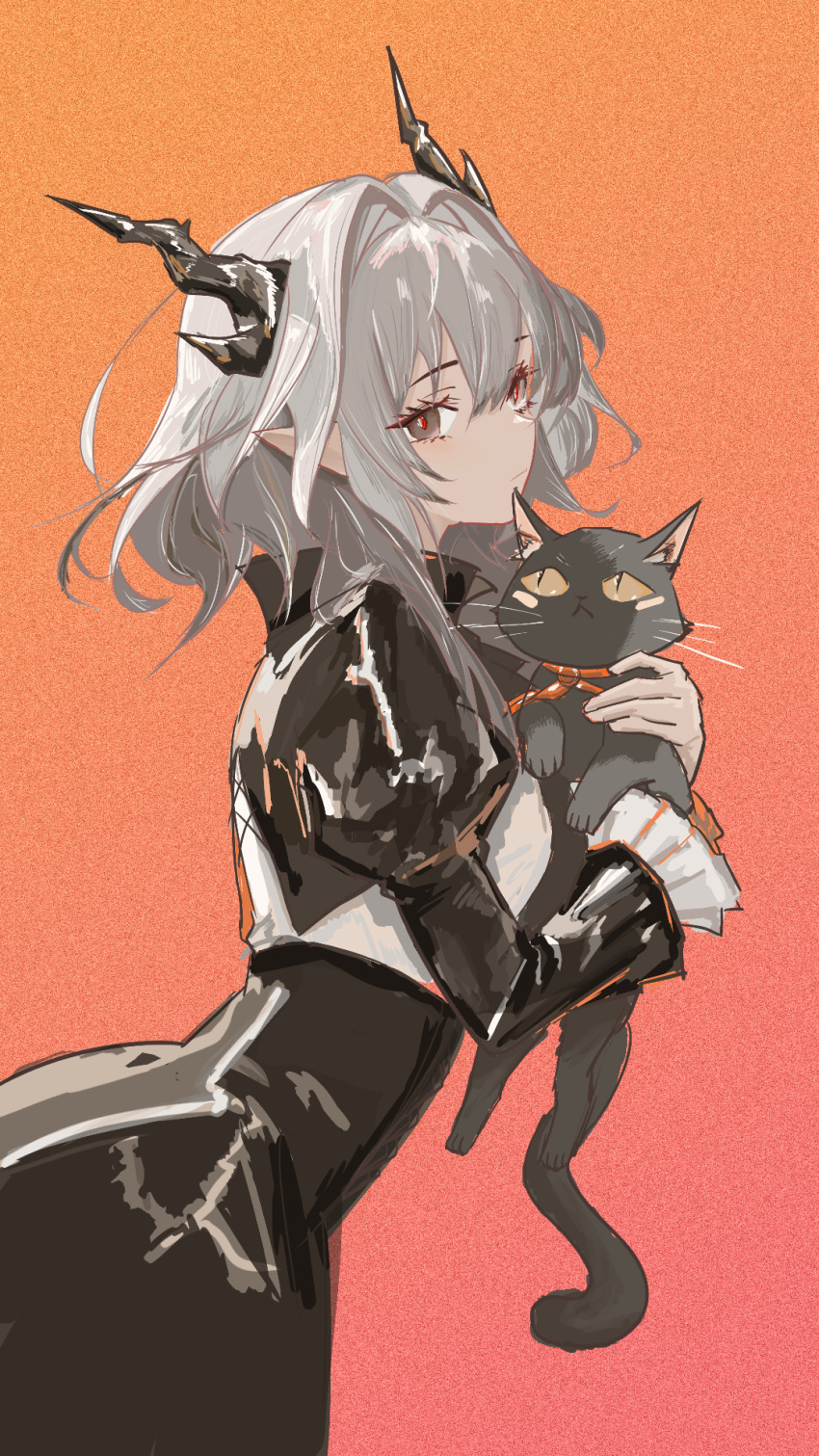 1girl, ampatit, animal, arknights, black_cat, black_dress, black_horns, cat, chinese_commentary, commentary_request, dress, frilled_sleeves, frills, gradient_background, grey_eyes, grey_hair, hair_between_eyes, hair_intakes, highres, holding, holding_animal, holding_cat, horns, juliet_sleeves, long_sleeves, medium_hair, miss_christine_(arknights), orange_background, pointy_ears, puffy_sleeves, solo, talulah_(arknights)