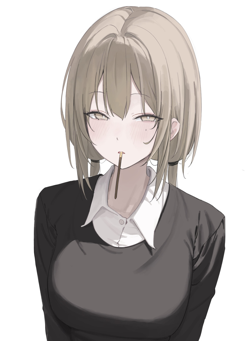 1girl, absurdres, black_sweater, blonde_hair, blush, breasts, collared_shirt, food