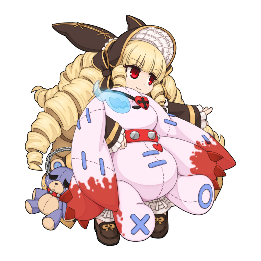 1girl, blonde_hair, brown_shoes, chain, chibi, chibi_only, closed_mouth, drill_hair