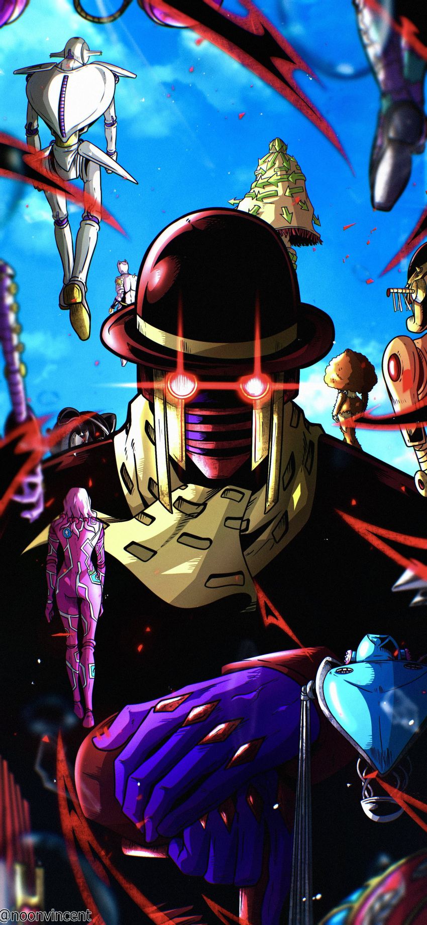 6+others, absurdres, awaking_iii_leaves, blue_sky, bowler_hat, cane, character_request, clouds