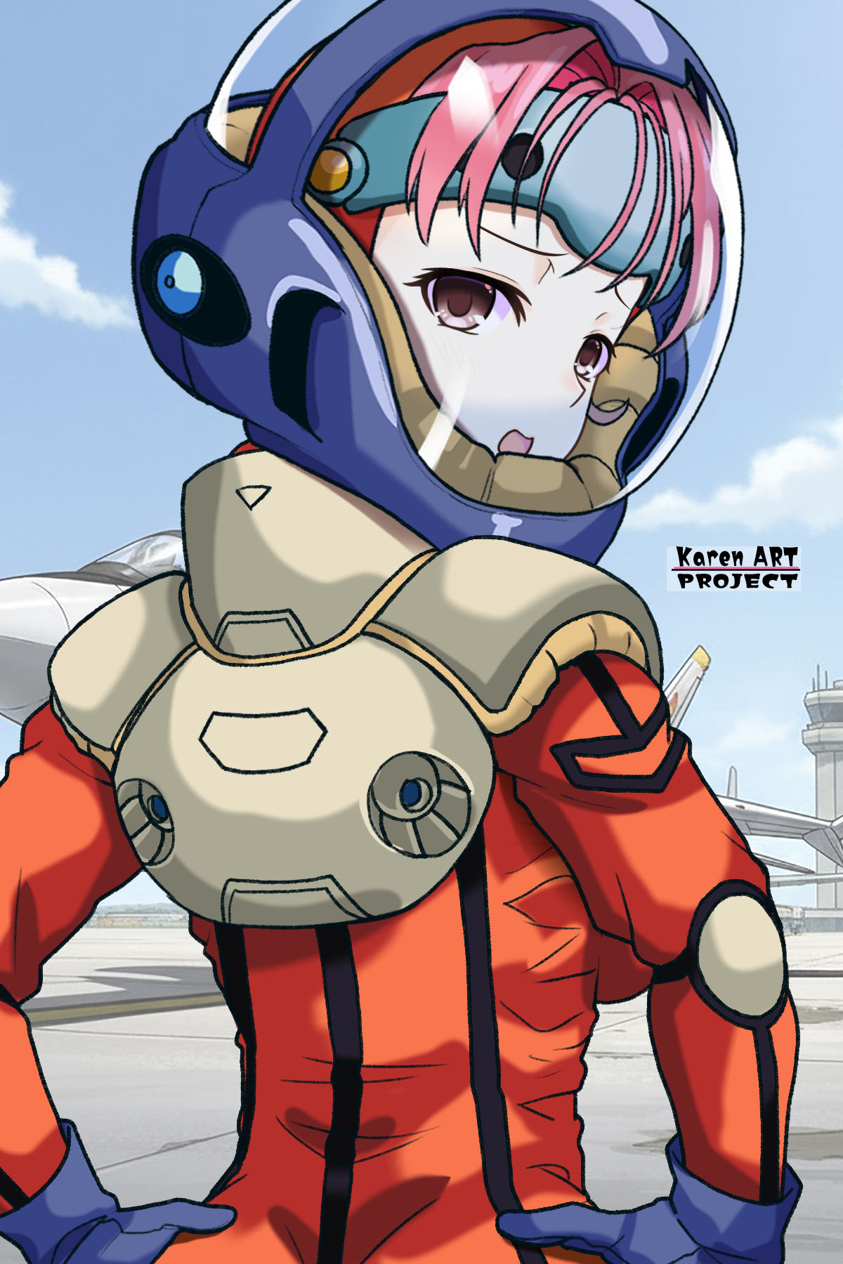 1girl, blue_sky, clouds, commentary_request, control_tower, english_text, fire_bomber, hands_on_own_hips
