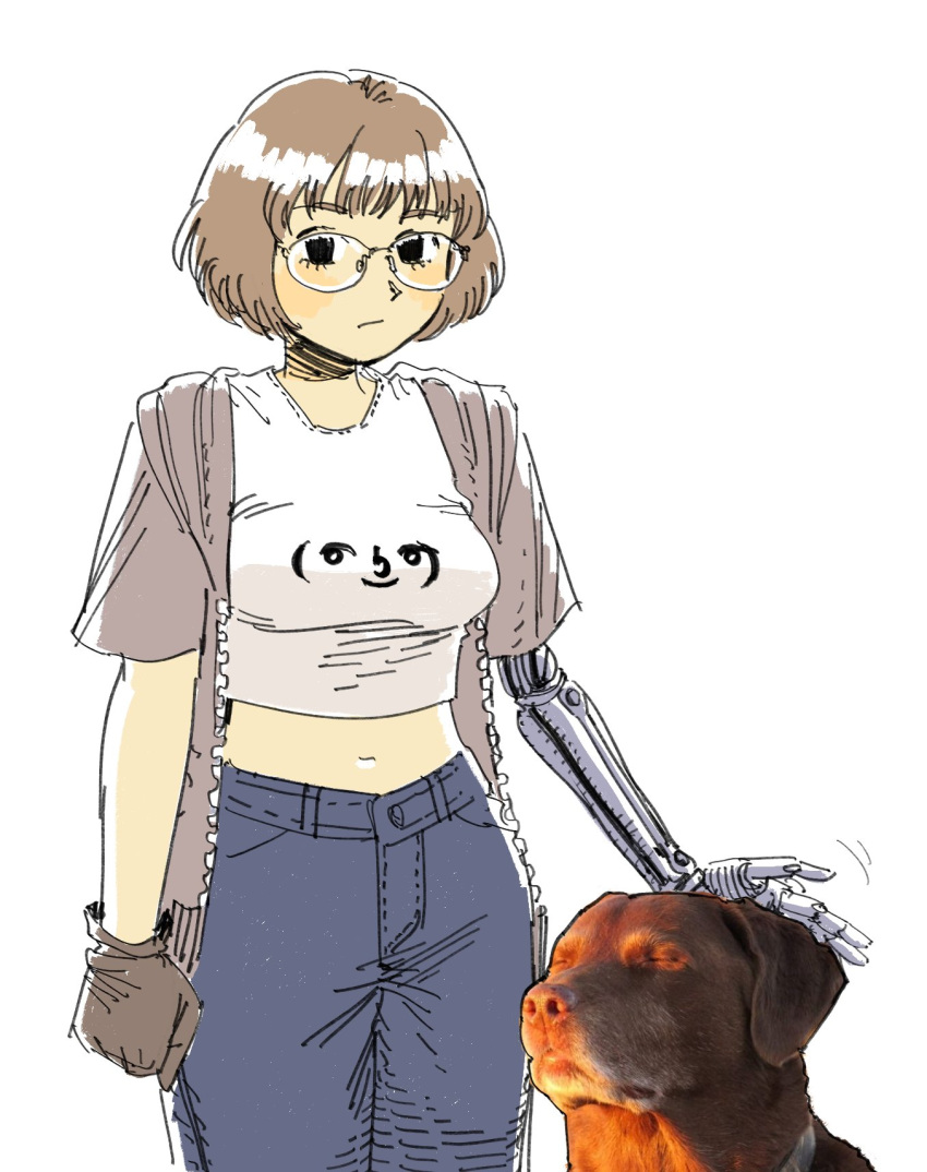 1girl, blue_pants, brown_hair, cowboy_shot, denim, dog, full-length_zipper, glasses