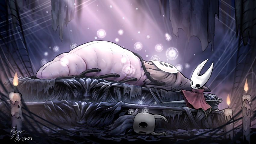 1other, 2girls, abstract_background, arthropod_girl, arthropod_limbs, black_skin, blue_background, blue_cloak, braaiboet, candle, candlelight, cloak, colored_skin, extra_eyes, extra_legs, hand_on_another's_head, herrah_(hollow_knight), highres, holding, holding_weapon, hollow_eyes, hollow_knight, horned_mask, hornet_(hollow_knight), horns, knight_(hollow_knight), looking_at_another, lying, mask, mother_and_daughter, multiple_girls, nail_(hollow_knight), on_back, on_side, parchment, pink_background, red_cloak, signature, silk, sitting, sleeping, spider_web, spider_web_background, weapon, weapon_on_back, white_mask