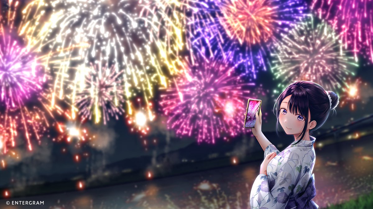 1girl, aerial_fireworks, artist_request, black_hair, cellphone, closed_mouth, commentary_request, copyright_notice