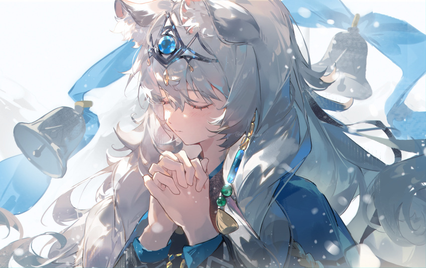 1girl, absurdres, amukeer, animal_ear_fluff, animal_ears, arknights, bell, blue_shawl, chinese_commentary, closed_eyes, closed_mouth, commentary_request, grey_hair, hair_between_eyes, hair_ornament, highres, interlocked_fingers, light_blush, long_hair, long_sleeves, outdoors, own_hands_clasped, own_hands_together, pramanix_(arknights), pramanix_the_prerita_(arknights), praying, shawl, snowing, solo, upper_body, watermark