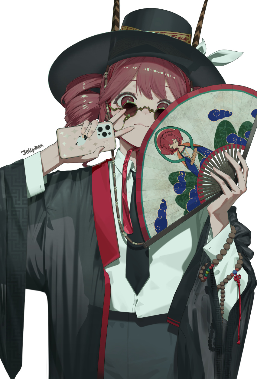 1girl, absurdres, alternate_costume, artist_name, black_jacket, black_necktie, cellphone, closed_mouth