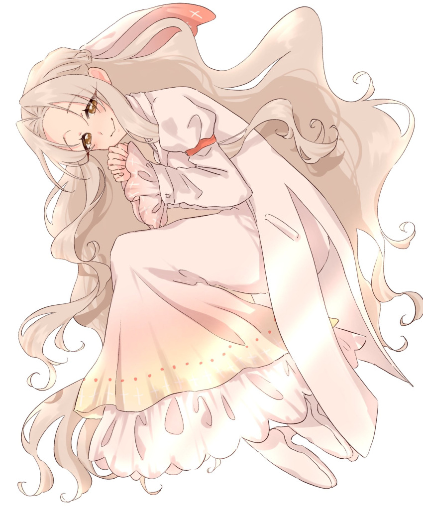 1girl, blonde_hair, boots, brown_eyes, commentary, curtained_hair, dress, frilled_dress