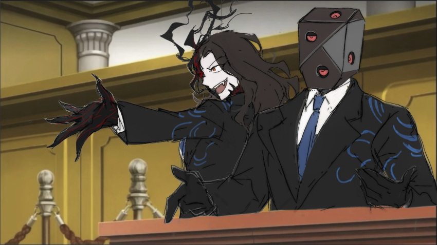 1boy, 1girl, ace_attorney, black_gloves, black_suit, blue_necktie, collared_shirt, courtroom