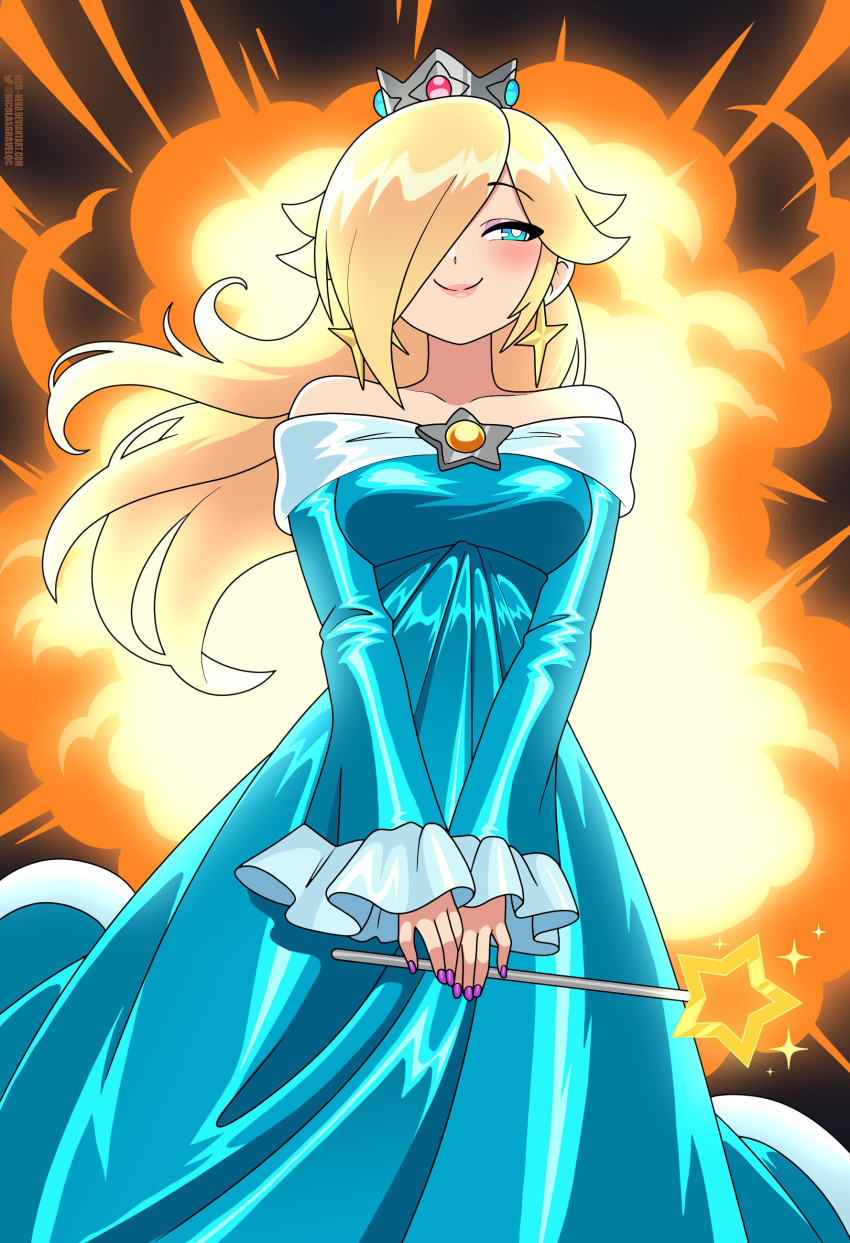 1girl, absurdres, bare_shoulders, blonde_hair, blue_dress, blue_eyes, brooch, closed_mouth