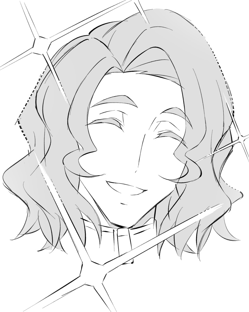 1boy, closed_eyes, commentary, digimon, digimon_beatbreak, greyscale, happy, highres