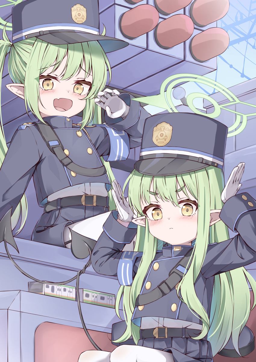 2girls, absurdres, blue_archive, blue_hat, blush, closed_mouth, day, demon_tail