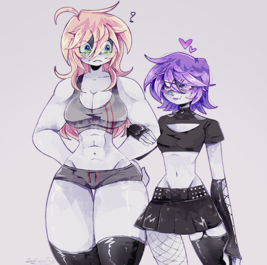 2girls, breasts, cleavage_cutout, clothing_cutout, commentary, crop_top, detached_sleeves, fishnets