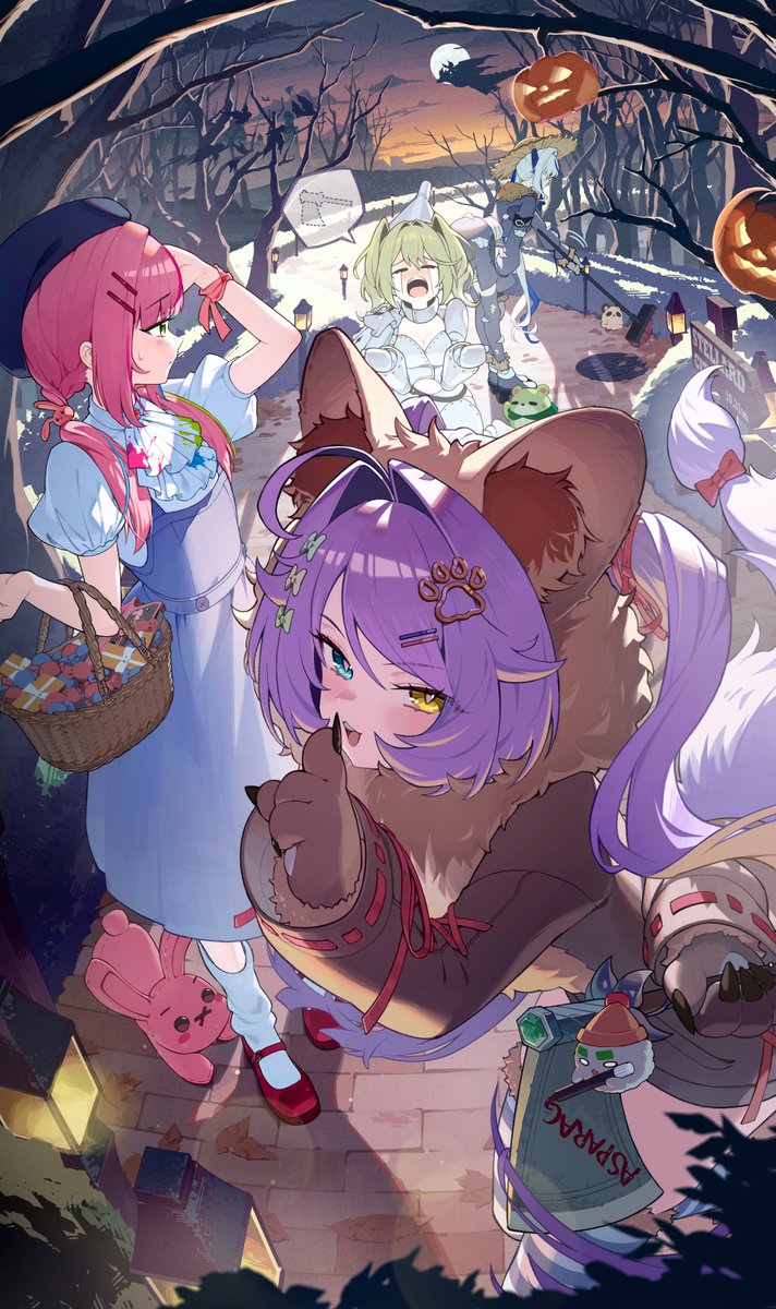4girls, ahoge, alternate_costume, animal_ear_fluff, animal_ears, aokumo_rin, ascot, axe