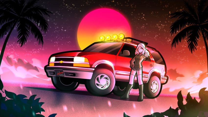 1girl, art.ellefay, blonde_hair, blue_eyes, boots, car, chevrolet, chevrolet_blazer