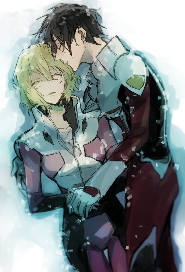 1boy, 1girl, black_hair, blonde_hair, closed_eyes, gundam, gundam_seed, gundam_seed_destiny