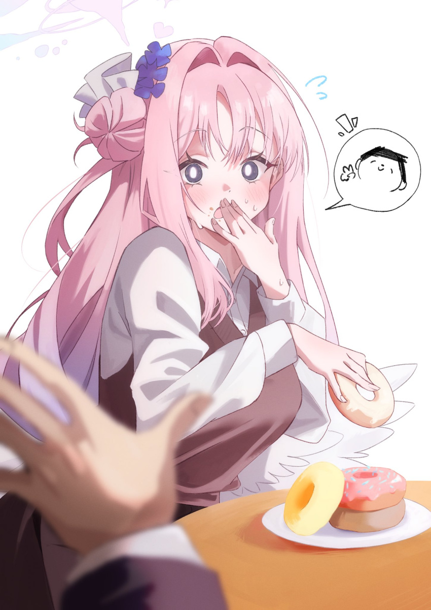 alternate_costume, angel_wings, blue_archive, blush, covering_own_mouth, dilated_pupils, doodle_sensei_(blue_archive), doughnut